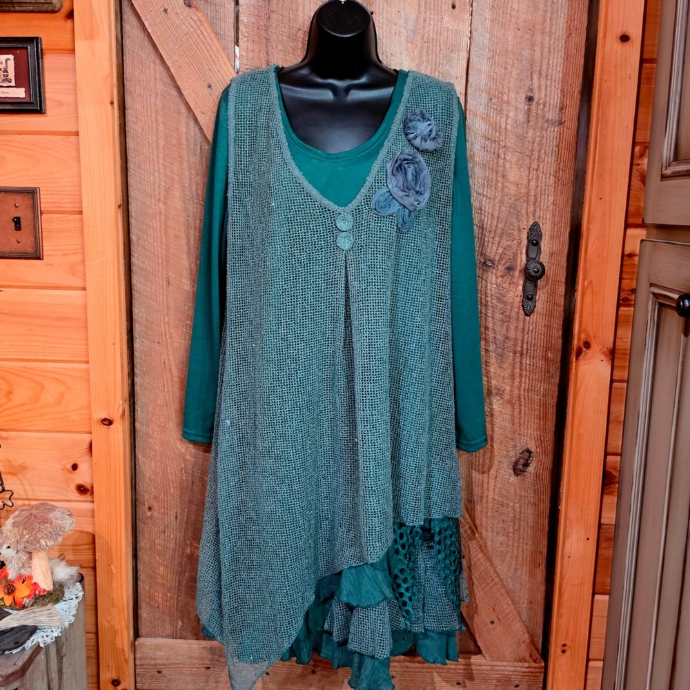 Pretty Angel Womans Large Dress Green 2-Piece Dress Tunic Lagenlook Boho EUC